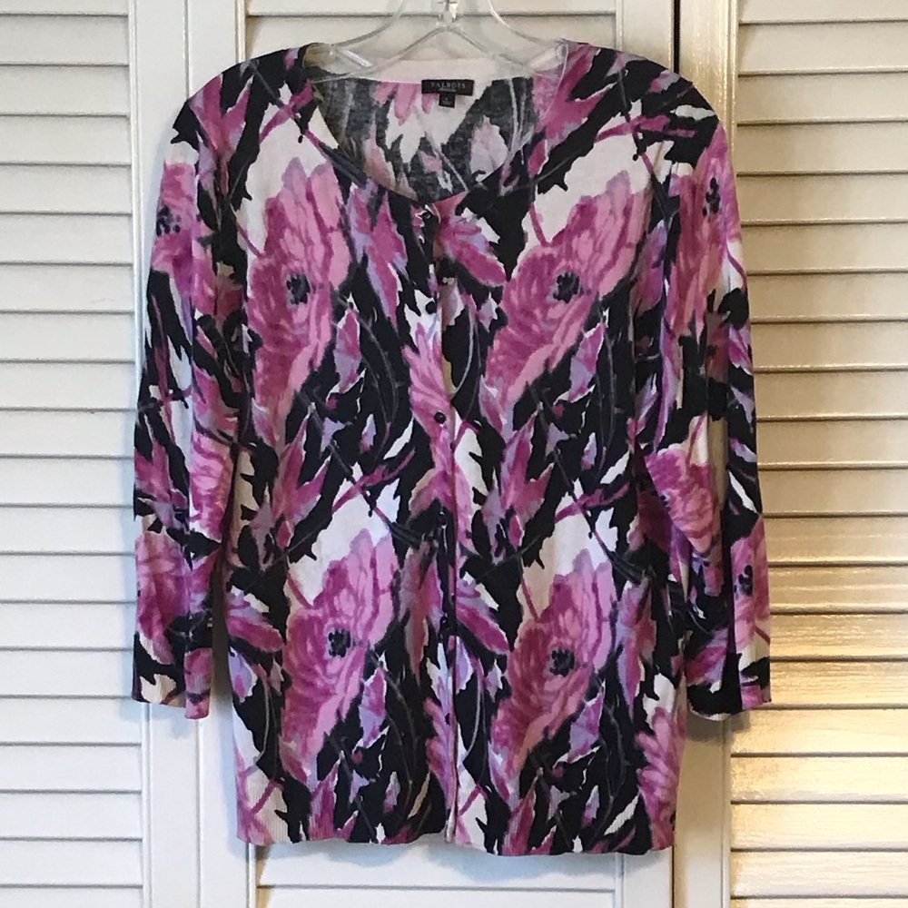 Talbots Pink and Black Floral Cardigan